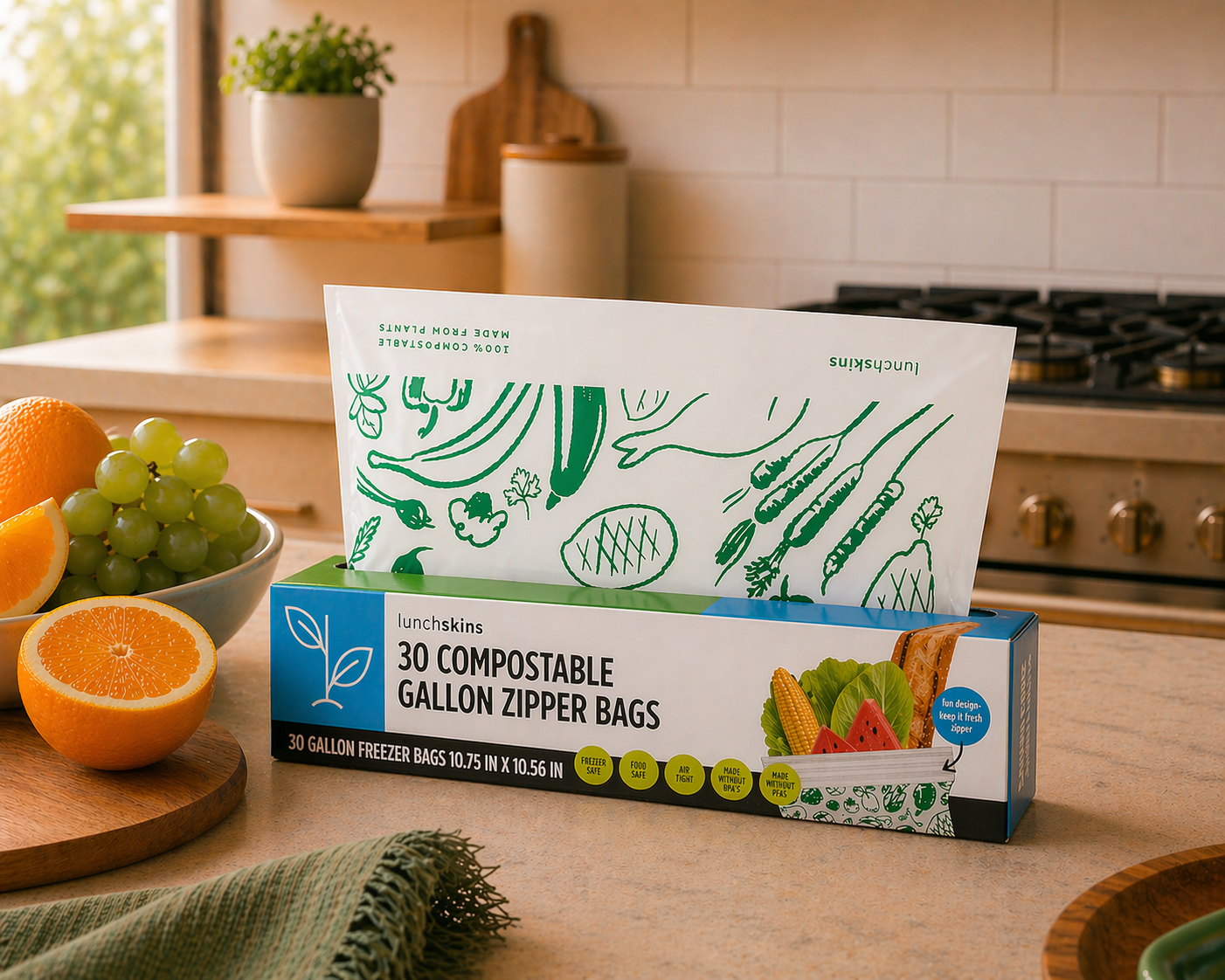 Image of Box of compostable gallon zipper bags on a kitchen counter with fruits and a window in the background.