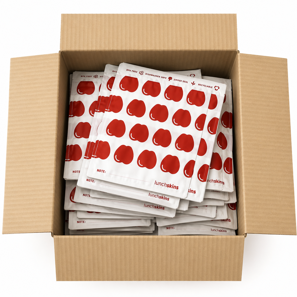 Image of Box filled with multiple packages of lunchskins with red and black designs.