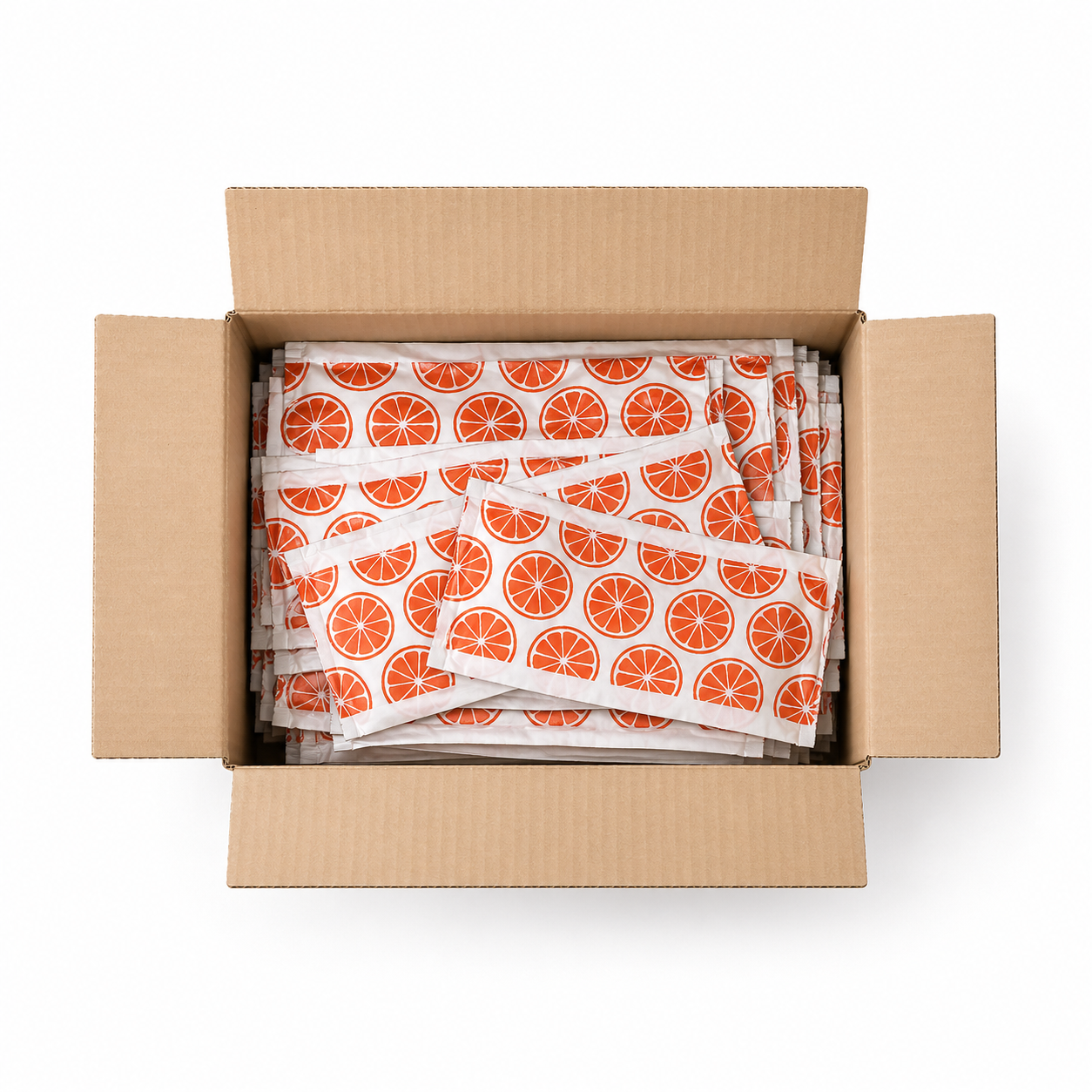 Image of Box filled with stacks of paper towels with orange pattern on a white background