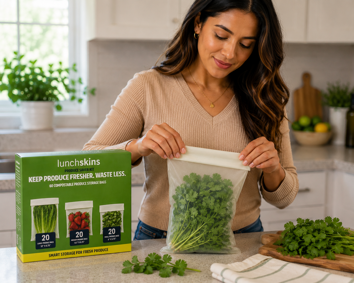 Image of Woman in a kitchen using lunchskins produce storage bags with packaging and fresh greens.