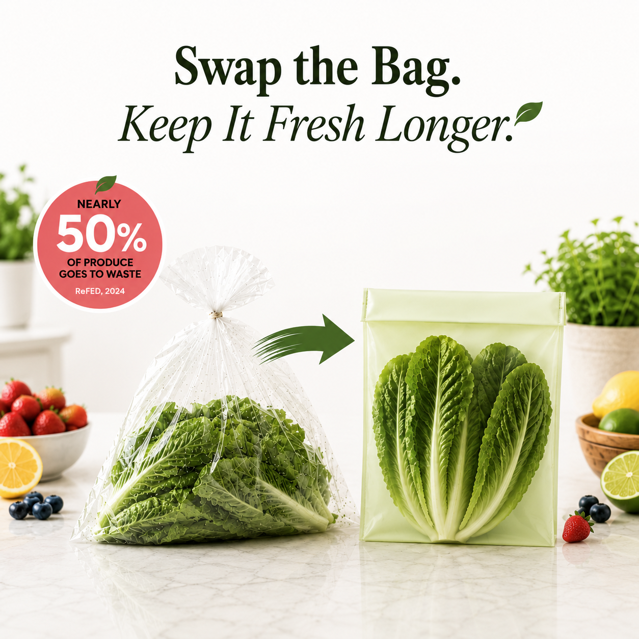 Image of Comparison of fresh produce in a clear bag and a green bag with text about reducing food waste.