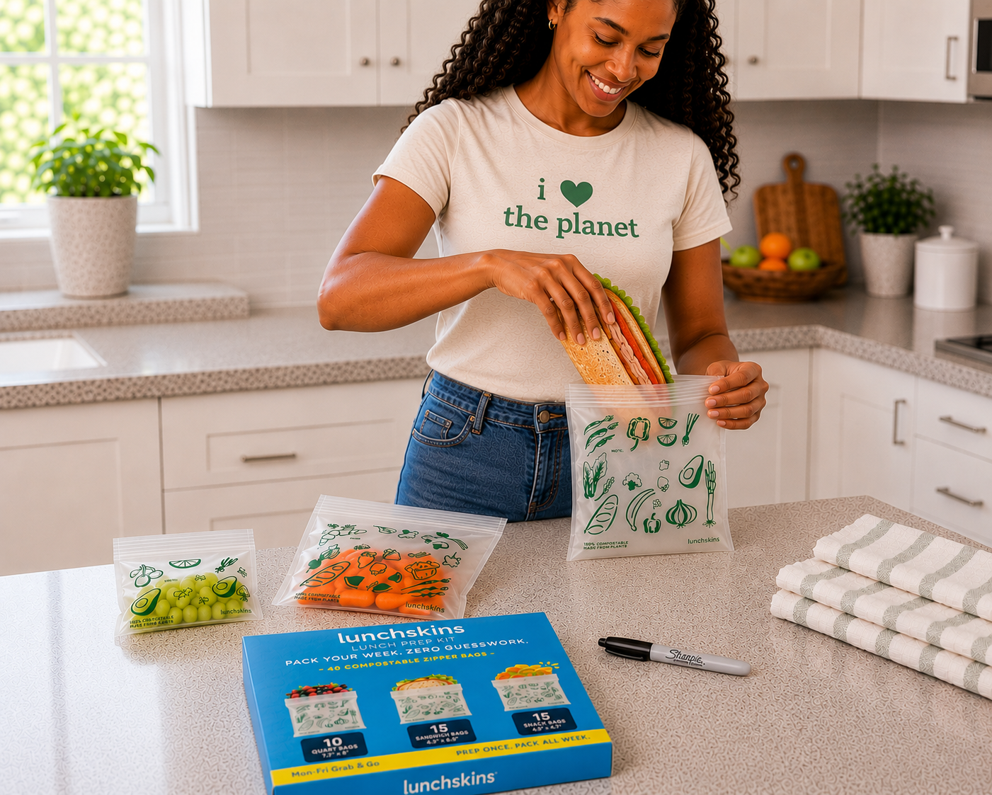 Image of Woman in a kitchen unpacking reusable bags with 'lunchskins' packaging.