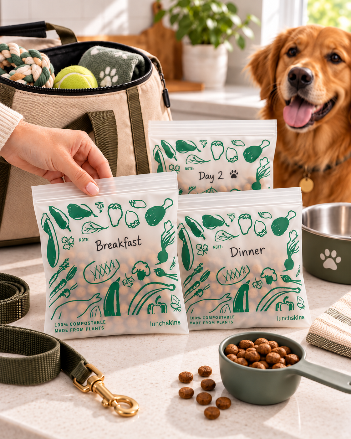 Image of Three compostable pet food pouches labeled Breakfast, Day 2, and Dinner are arranged on a kitchen counter with a dog in the background, alongside a tote bag, leash, bowl, and kibble scoop.