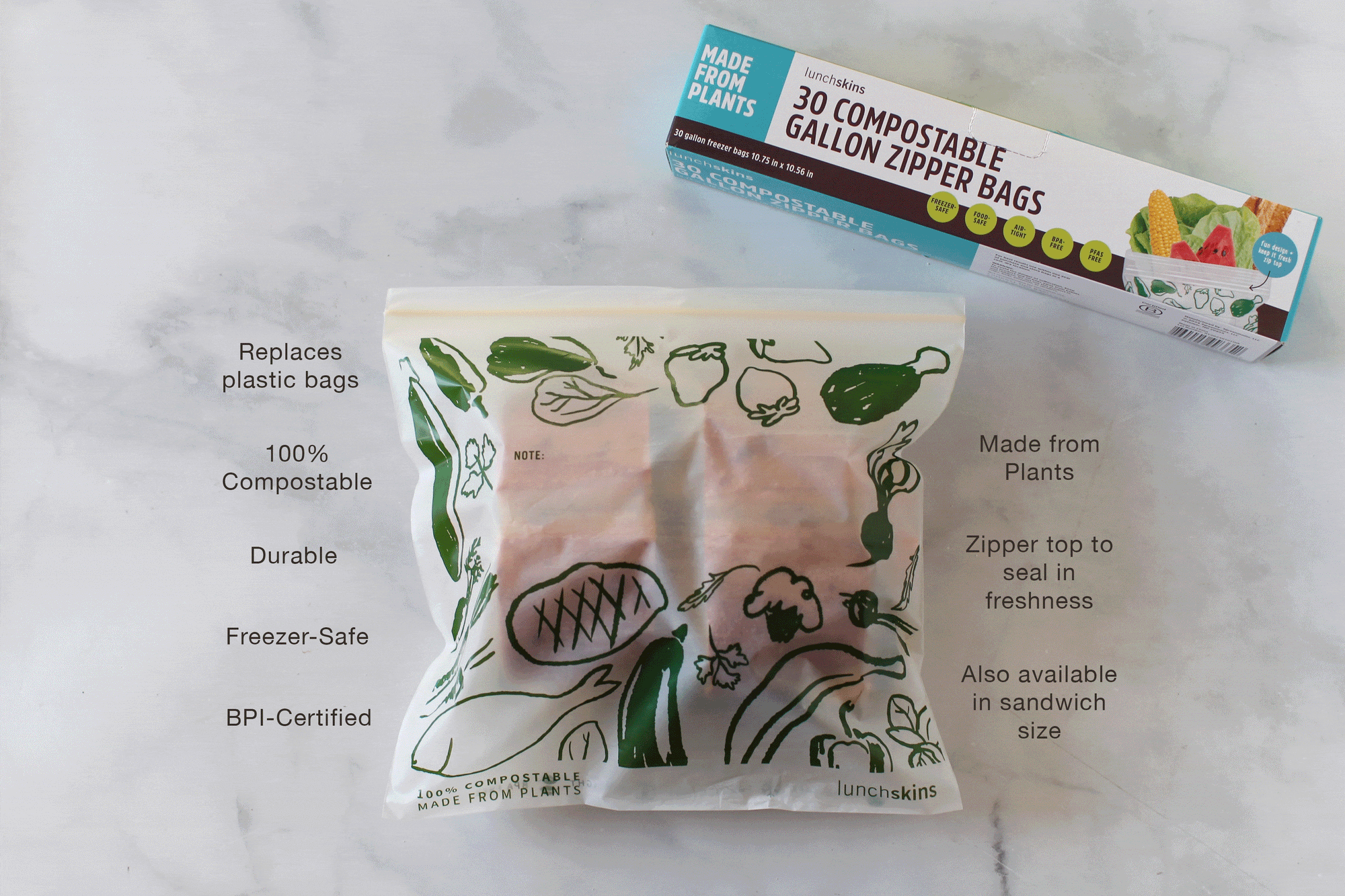 PLANT-BASED COMPOSTABLE GALLON FREEZER STORAGE BAGS