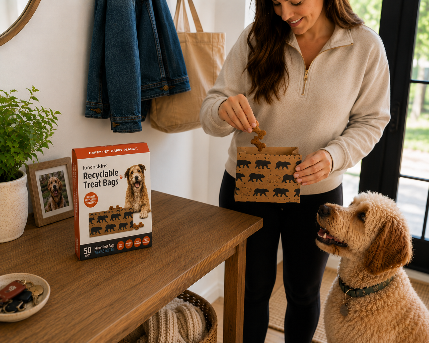 Image of Woman opening a dog treat bag with a dog sitting next to her on a wooden table.