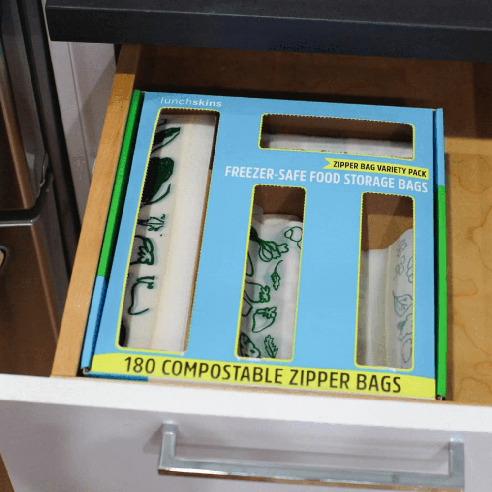 Image of Compostable food storage bags in a drawer-ready variety pack
