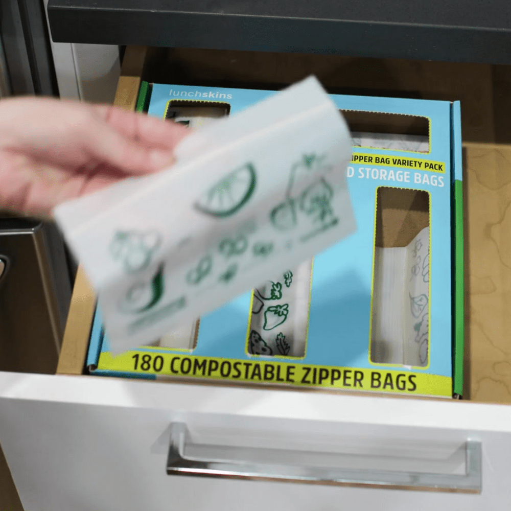 Compostable food storage bags in a drawer-ready variety pack