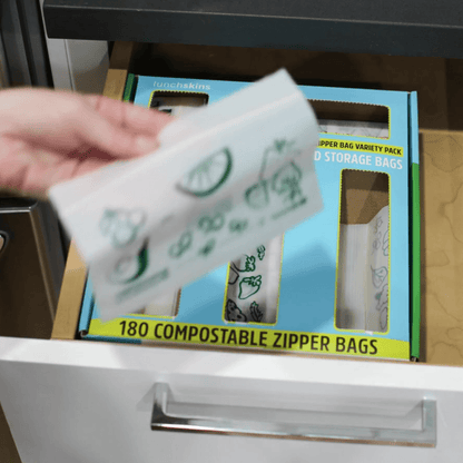 Compostable food storage bags in a drawer-ready variety pack