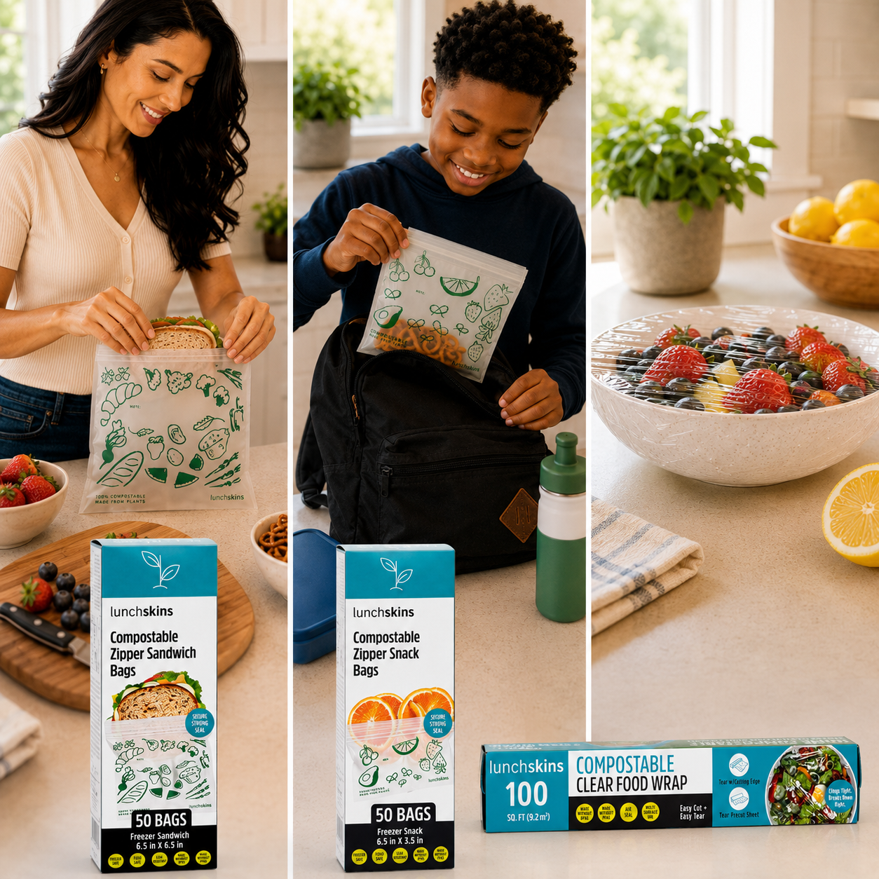 Image of A three-panel lifestyle collage showing a woman and a child using the Lunchkins compostable zipper sandwich and snack bags, alongside product boxes on a kitchen counter with fruit and a bottle.