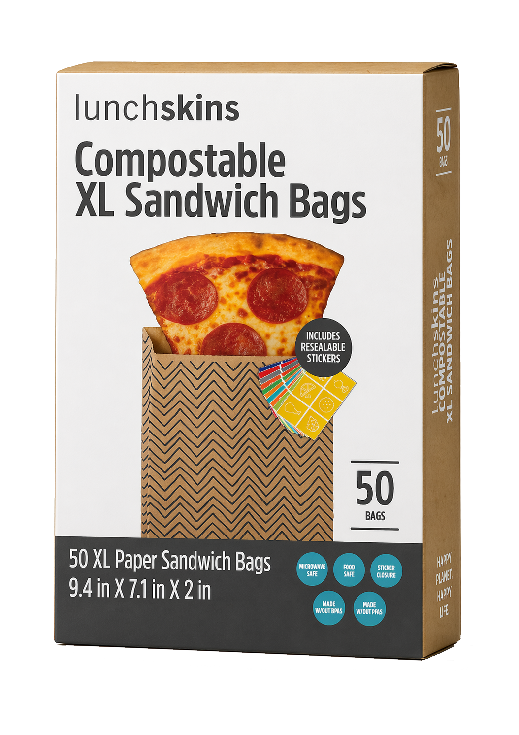Image of Box of Lunchskins compostable XL sandwich bags with a pizza illustration on a white background
