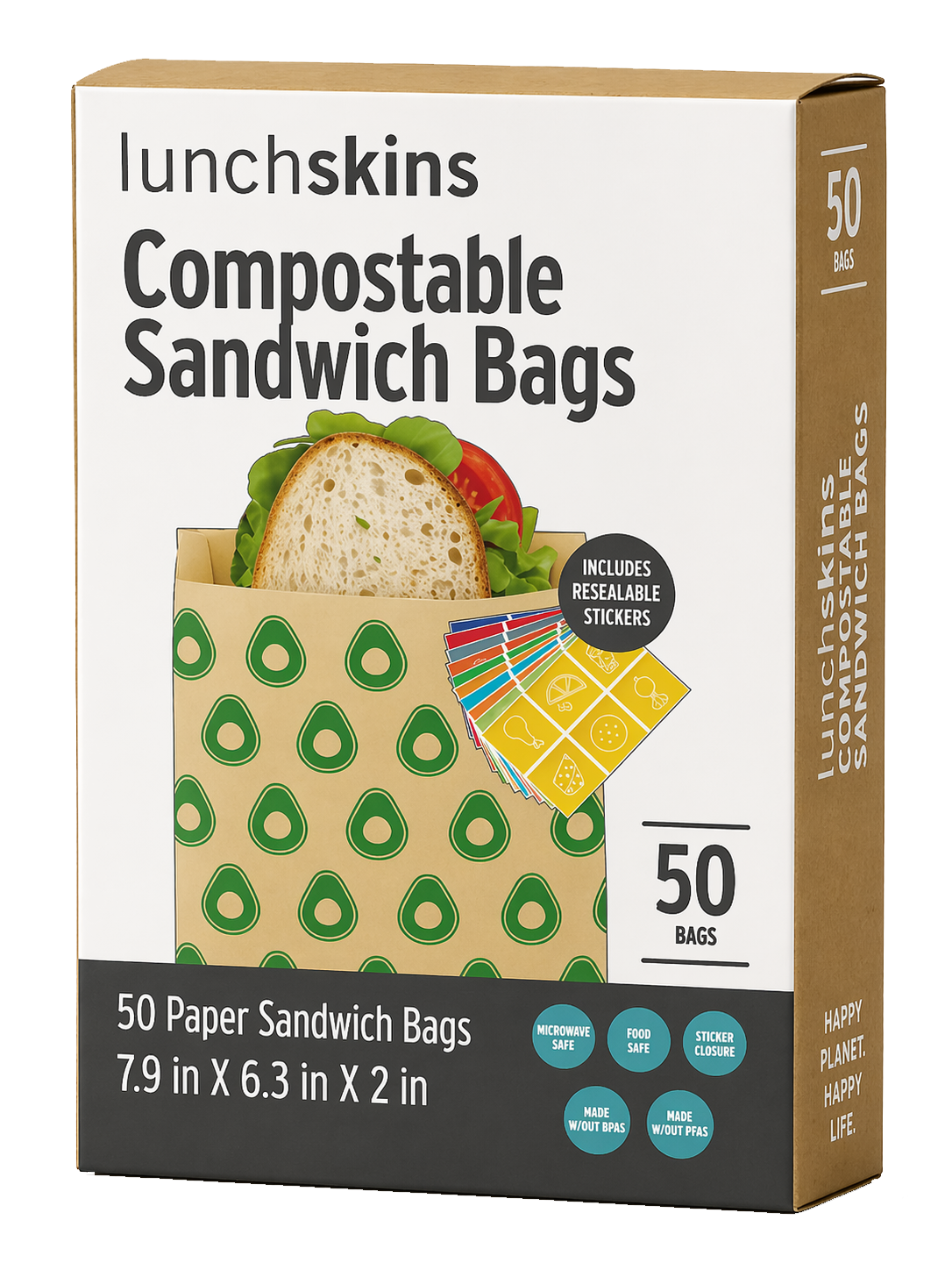 Image of Box of lunchskins compostable sandwich bags with a visual of a sandwich and packaging details.