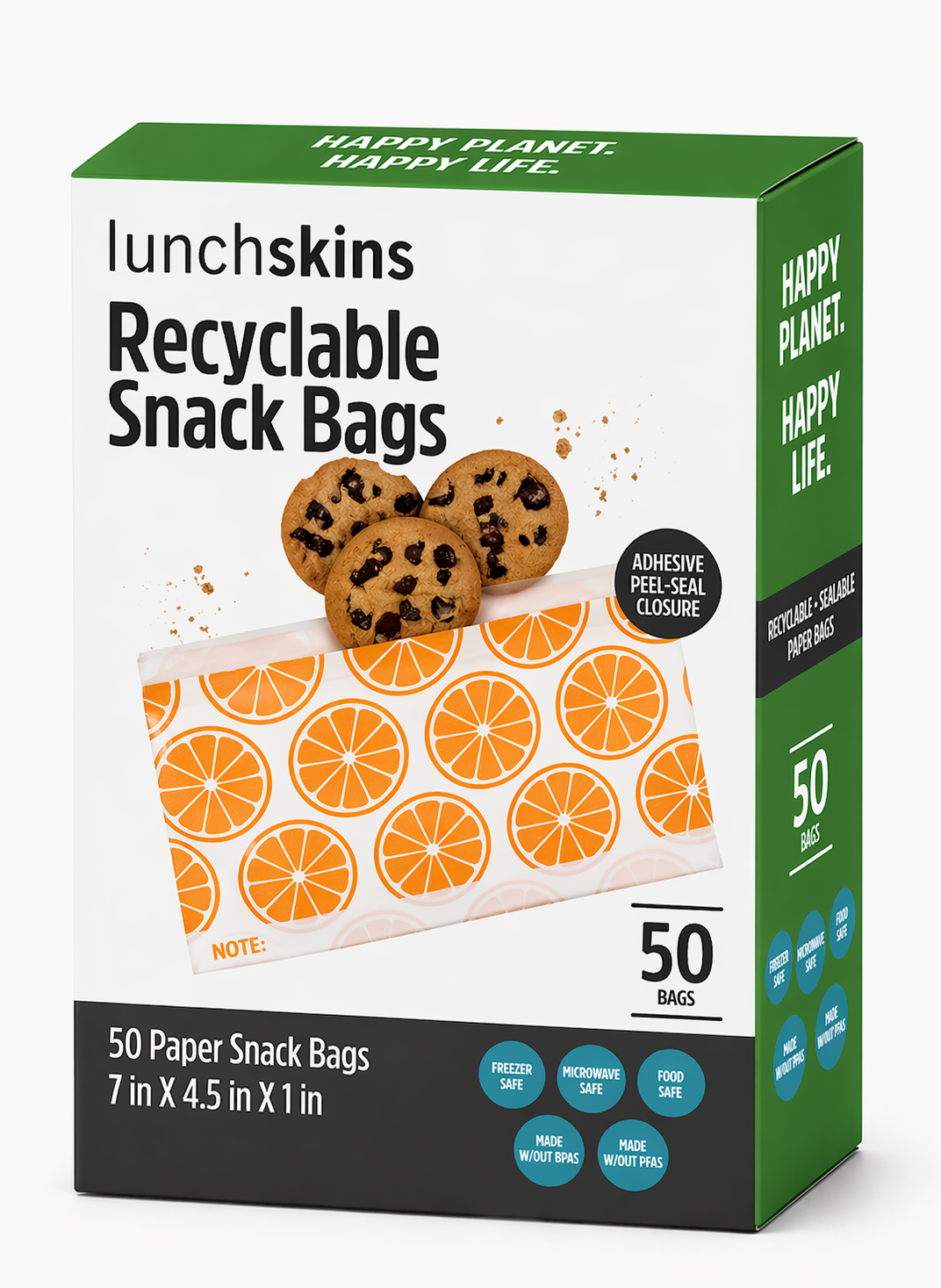 Image of Box of recyclable snack bags with cookies on top, featuring Happy Planet branding.