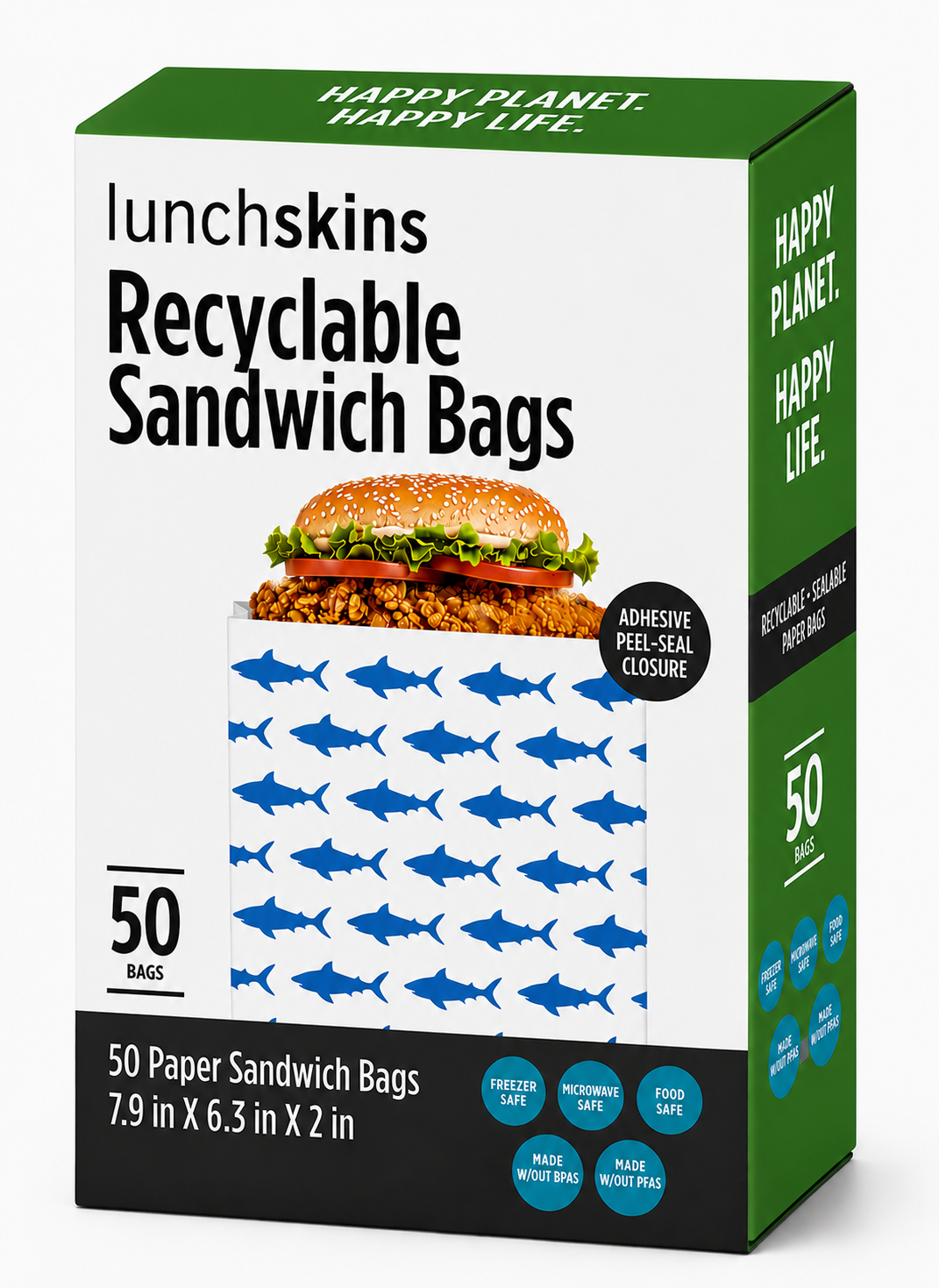 Image of Box of lunchskins recyclable sandwich bags with a burger illustration on a white background