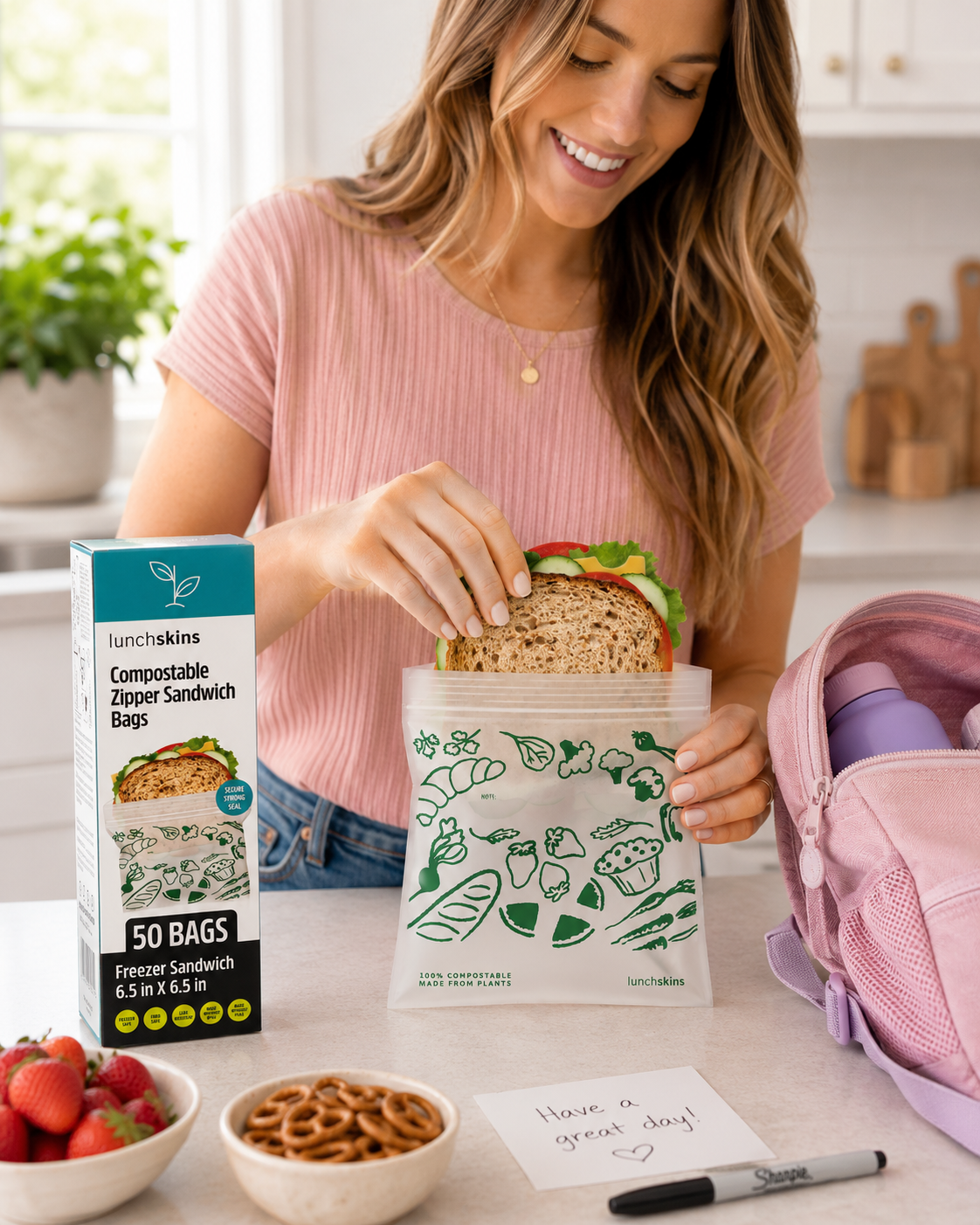 Image of Woman preparing a sandwich in a kitchen with compostable zipper sandwich bags and a pink backpack.