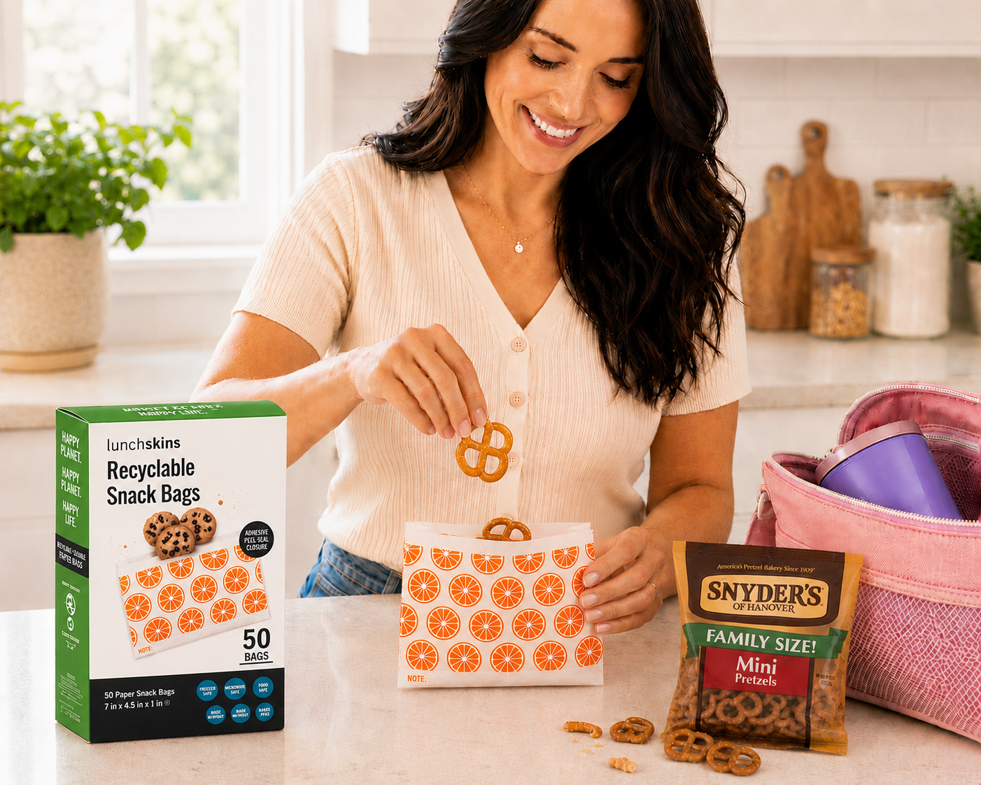 Image of Smiling woman in a bright kitchen packs pretzels into a citrus-pattern Lunchskins recyclable paper snack bag beside a Lunchskins snack bag box, a Snyder’s pretzel bag, and a pink lunch bag on a clean countertop.