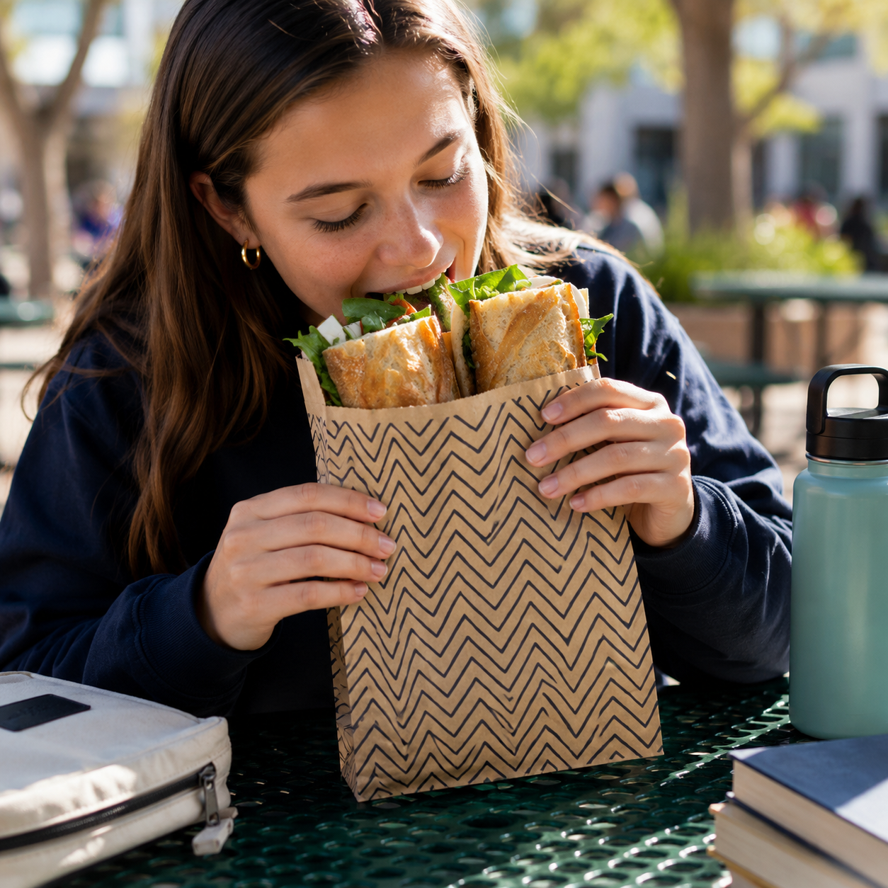 Image of Woman eating a sandwich from a brown paper bag outdoors