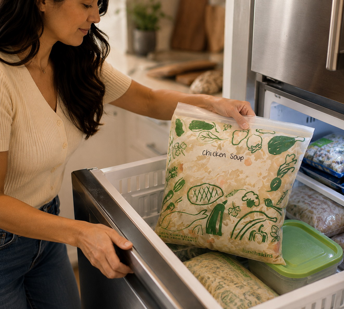 Image of Woman opening a refrigerator with a package of chicken soup in her hand