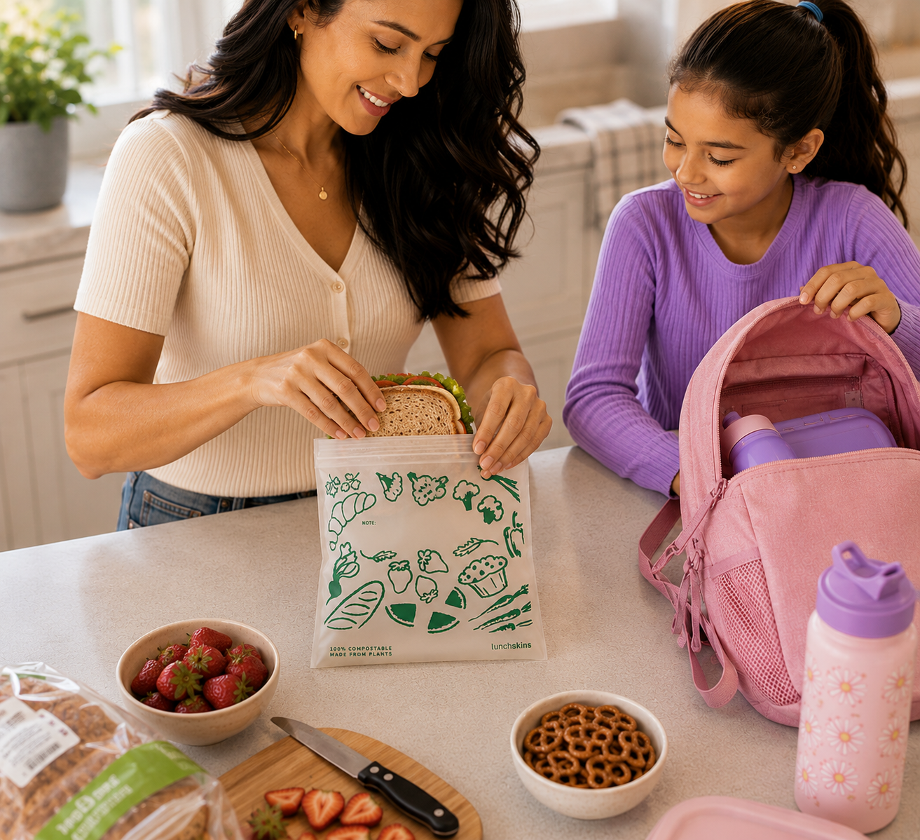 Image of Woman and child preparing a lunch together with a reusable bag, in a kitchen setting.
