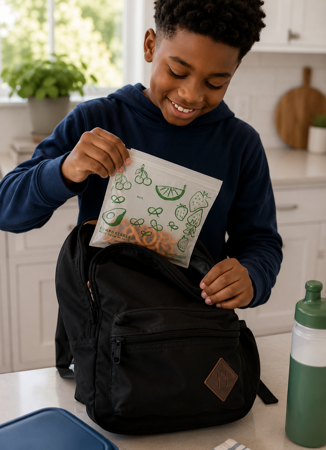 Image of Child opening a black backpack with a coloring book inside, in a kitchen setting.