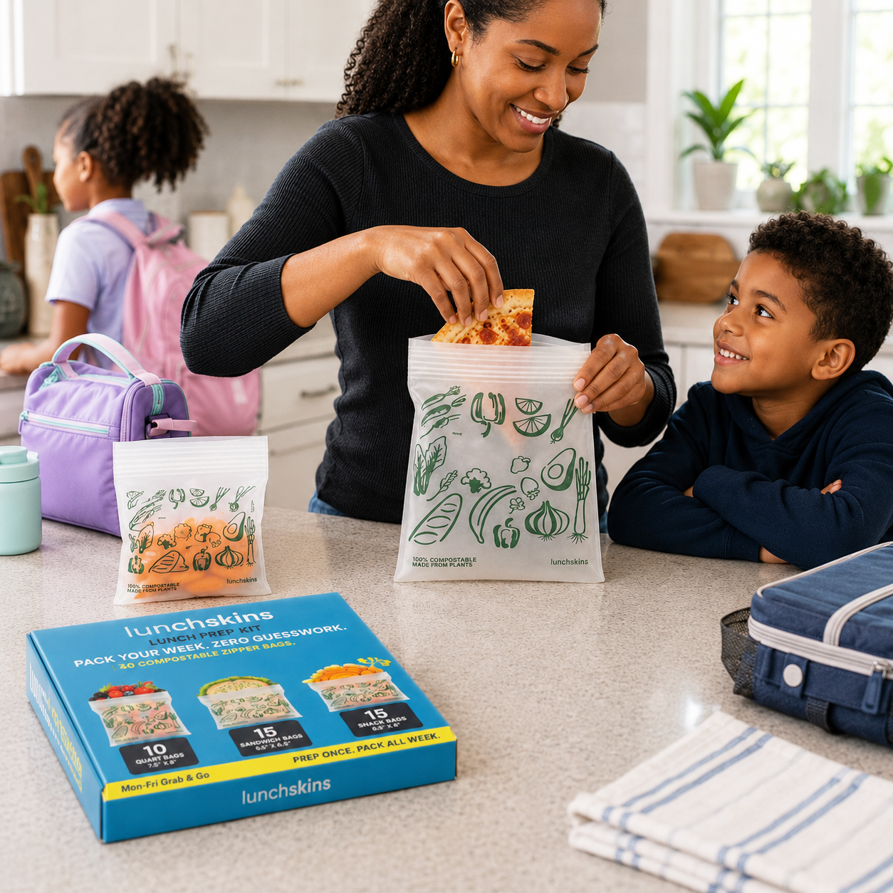 Image of Woman packing a lunch for a child with Lunchskins bags in a kitchen.