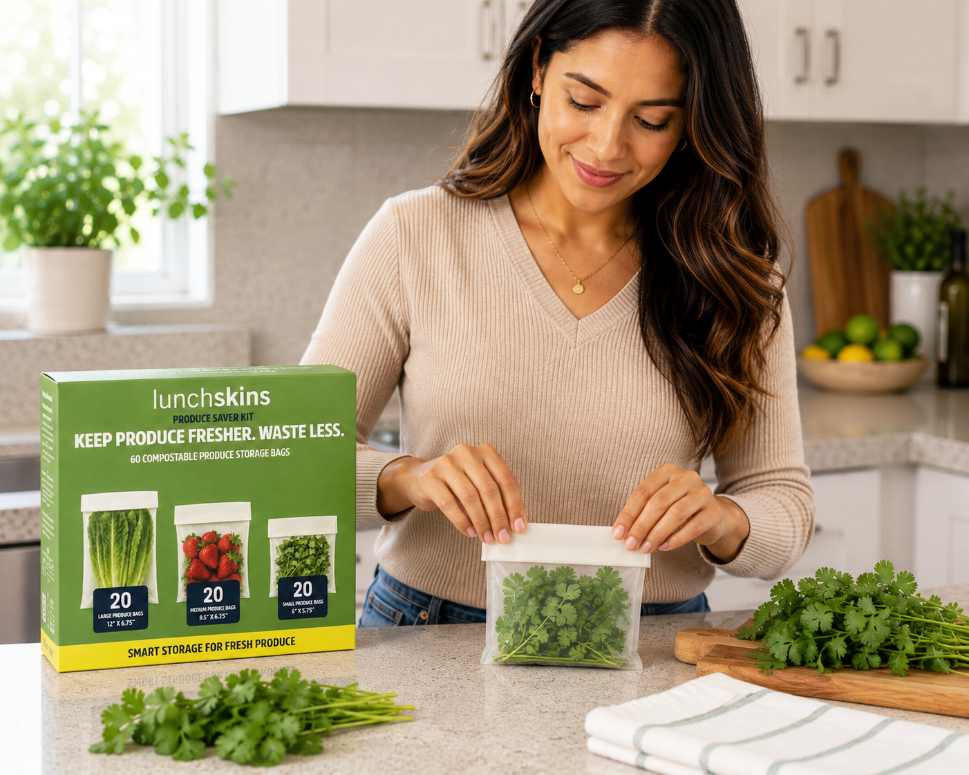 Image of Woman in a kitchen using Lunchskins produce storage bags with a box of the product on the counter.