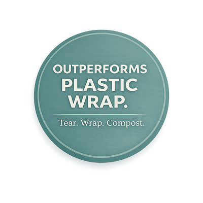 Circular green label with text 'Outperforms plastic wrap' on a white background