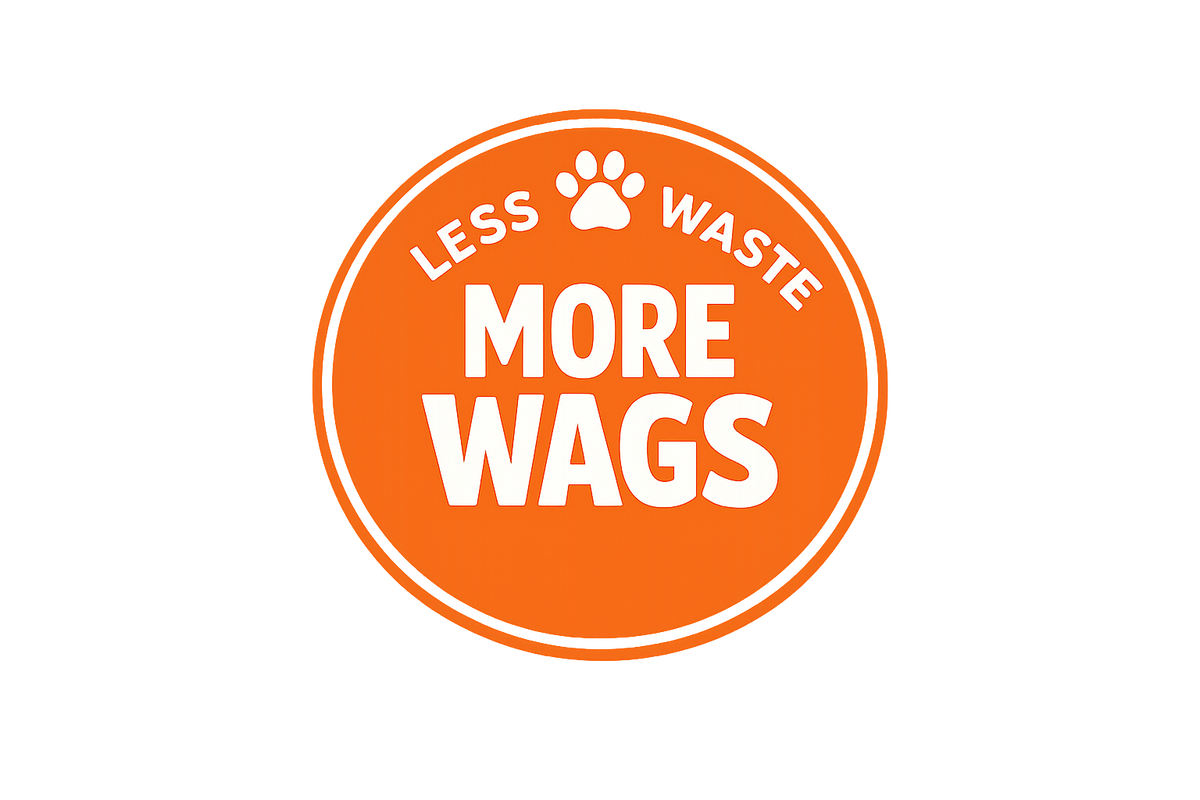 Orange circular logo with 'Less Waste, More Wags' text and a paw print on a white background
