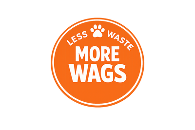 Orange circular logo with 'Less Waste, More Wags' text and a paw print on a white background