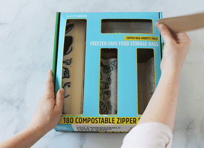 Compostable food storage bags in a drawer-ready variety pack