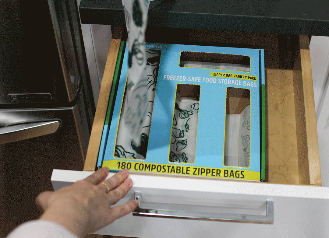 Compostable food storage bags in a drawer-ready variety pack