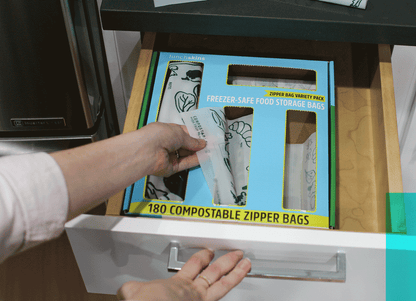 Compostable food storage bags in a drawer-ready variety pack