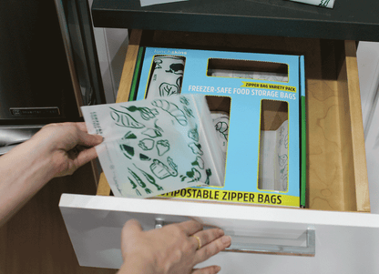 Compostable food storage bags in a drawer-ready variety pack