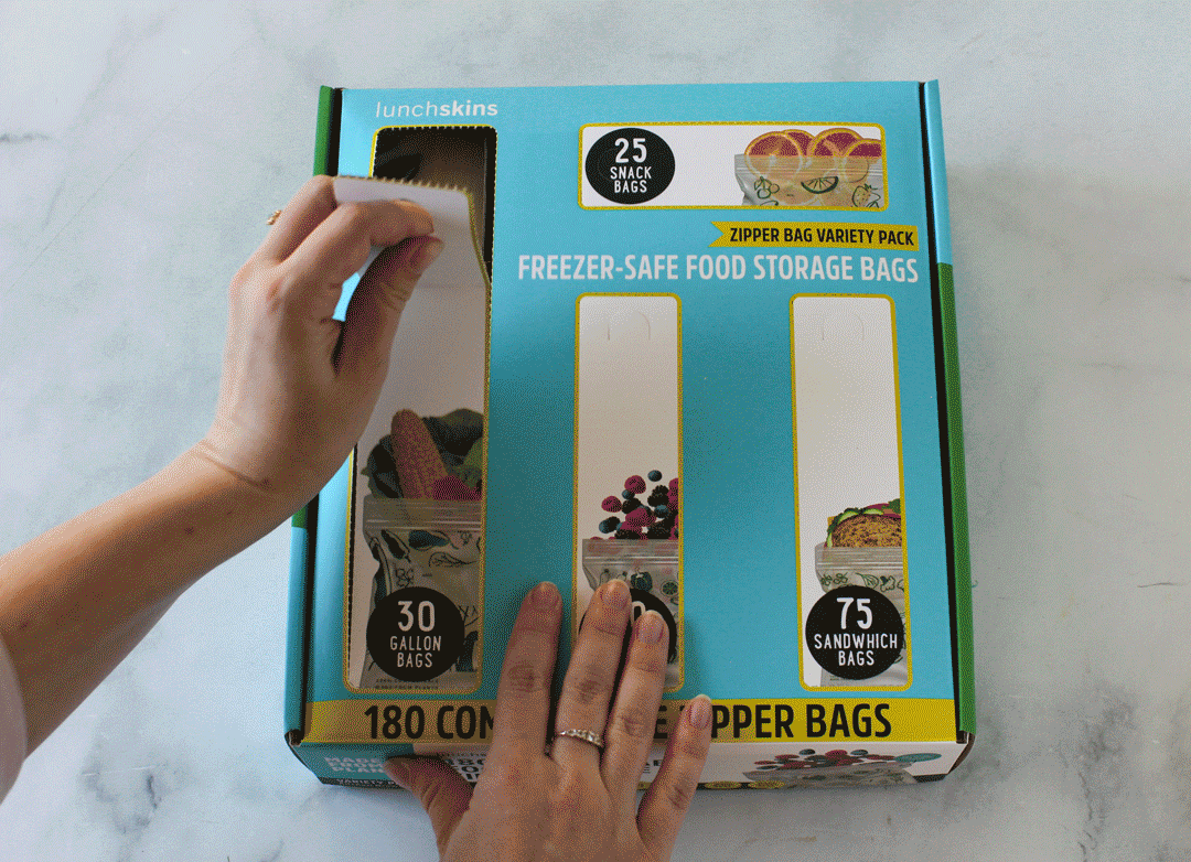 Compostable food storage bags in a drawer-ready variety pack