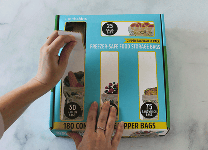 Compostable food storage bags in a drawer-ready variety pack