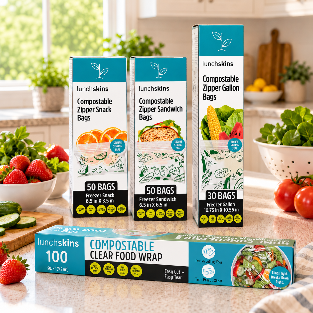 Image of A Lunchskins zipper food bag collage showing the Lunchkins compostable zipper gallon, zipper sandwich and snack bags, alongside cling wrap on a kitchen counter with fruit and veggies.