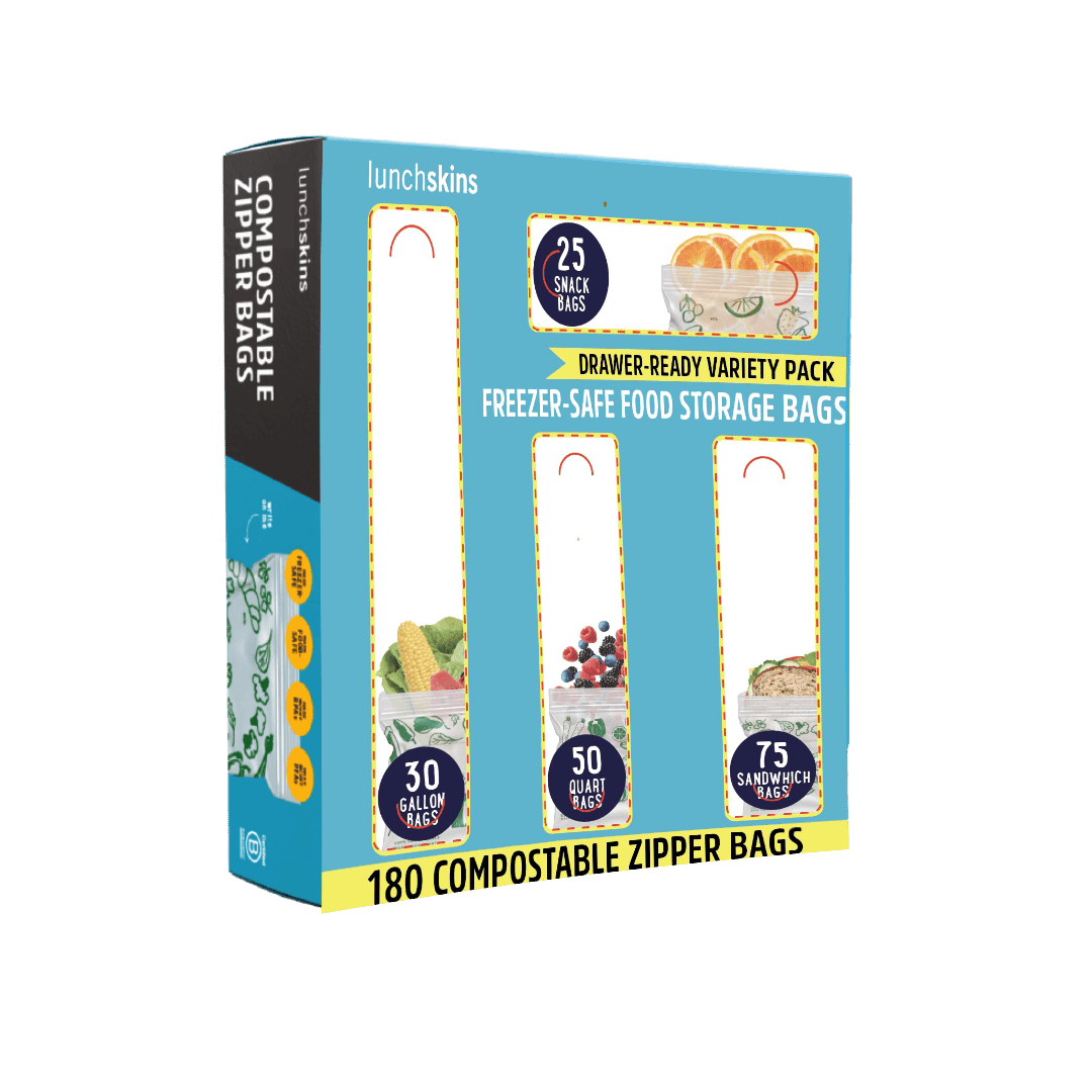 Compostable food storage bags in a drawer-ready variety pack