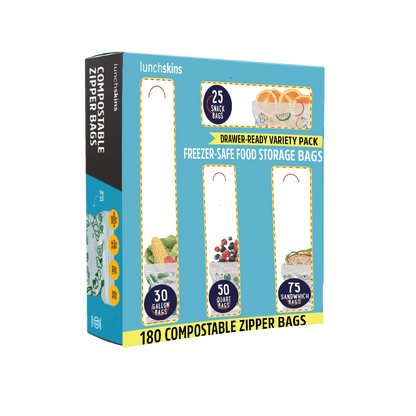 Compostable food storage bags in a drawer-ready variety pack