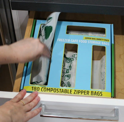Compostable food storage bags in a drawer-ready variety pack