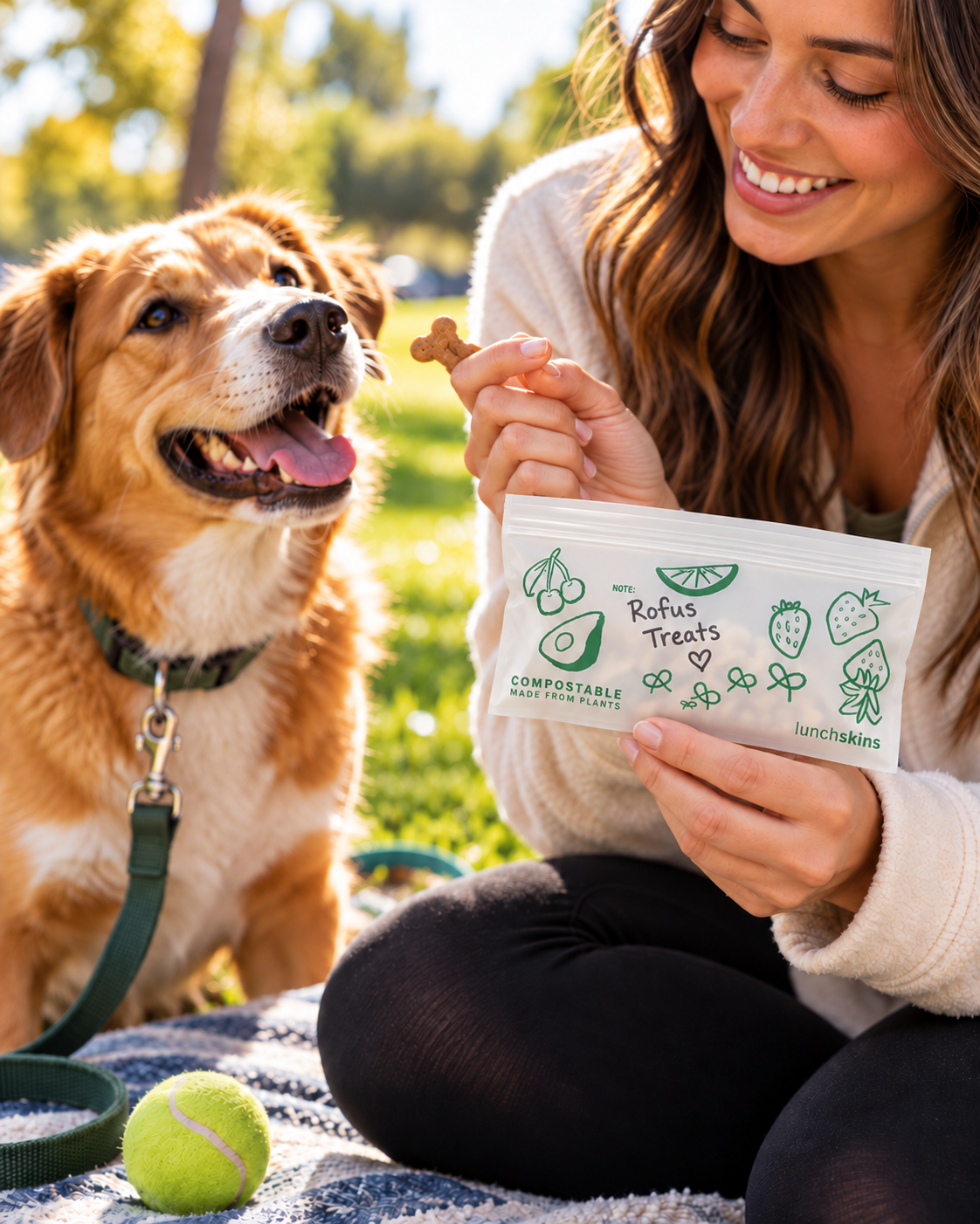 Image of A woman sitting outdoors on a blanket with her dog holds a bag of compostable fruit leather dog treats. A golden retriever looks at the treats being offered, with a green tennis ball on the ground nearby.