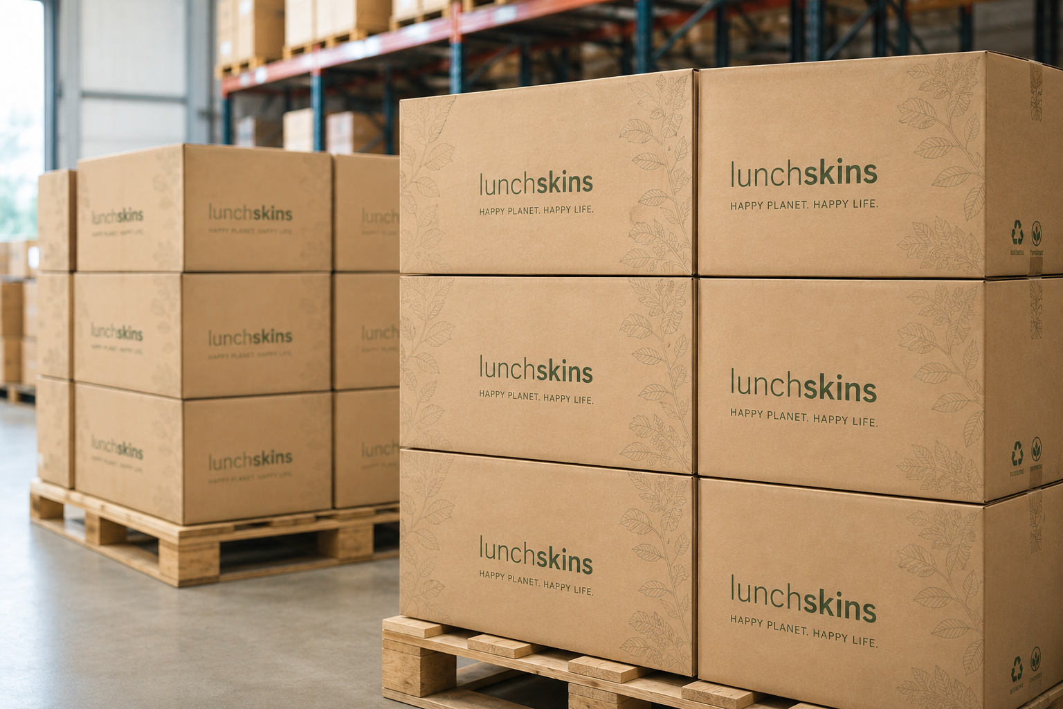 Image of Stacks of cardboard boxes with 'lunchskins' branding in a warehouse setting.