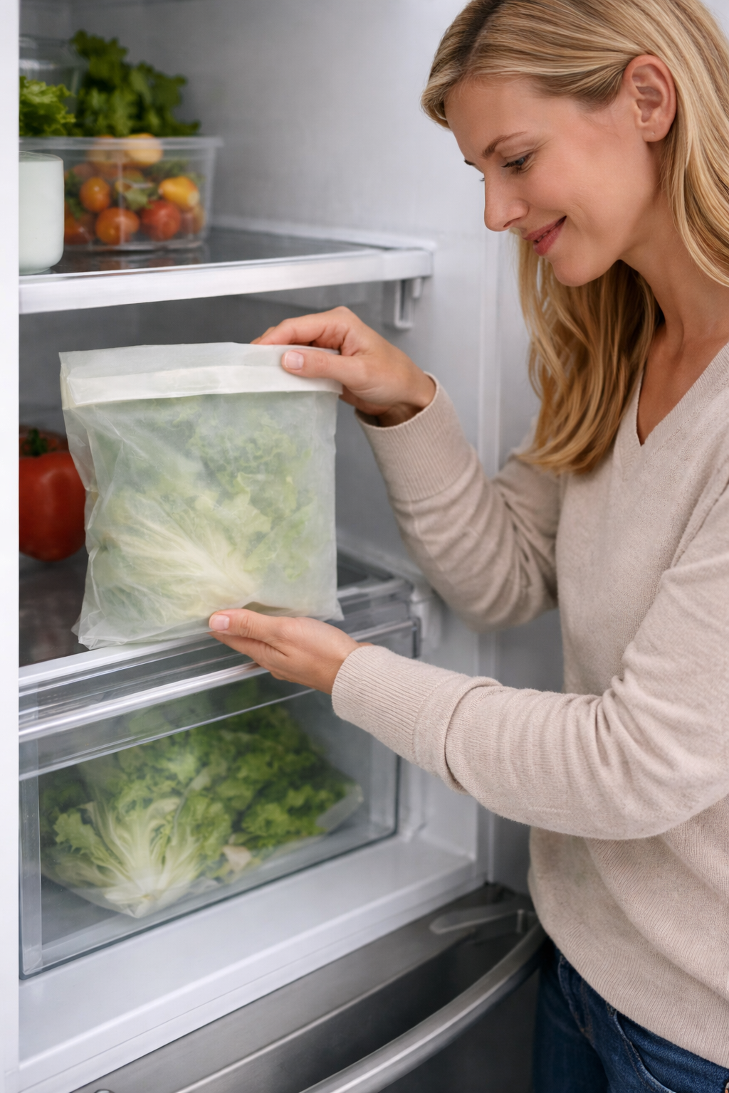 Image of Woman placing a bag of lettuce into an open refrigerator.