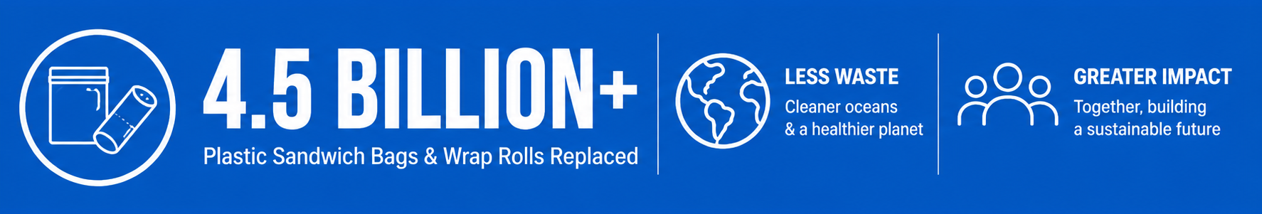 Graphic showing statistics about plastic usage reduction with icons and text on a blue background.