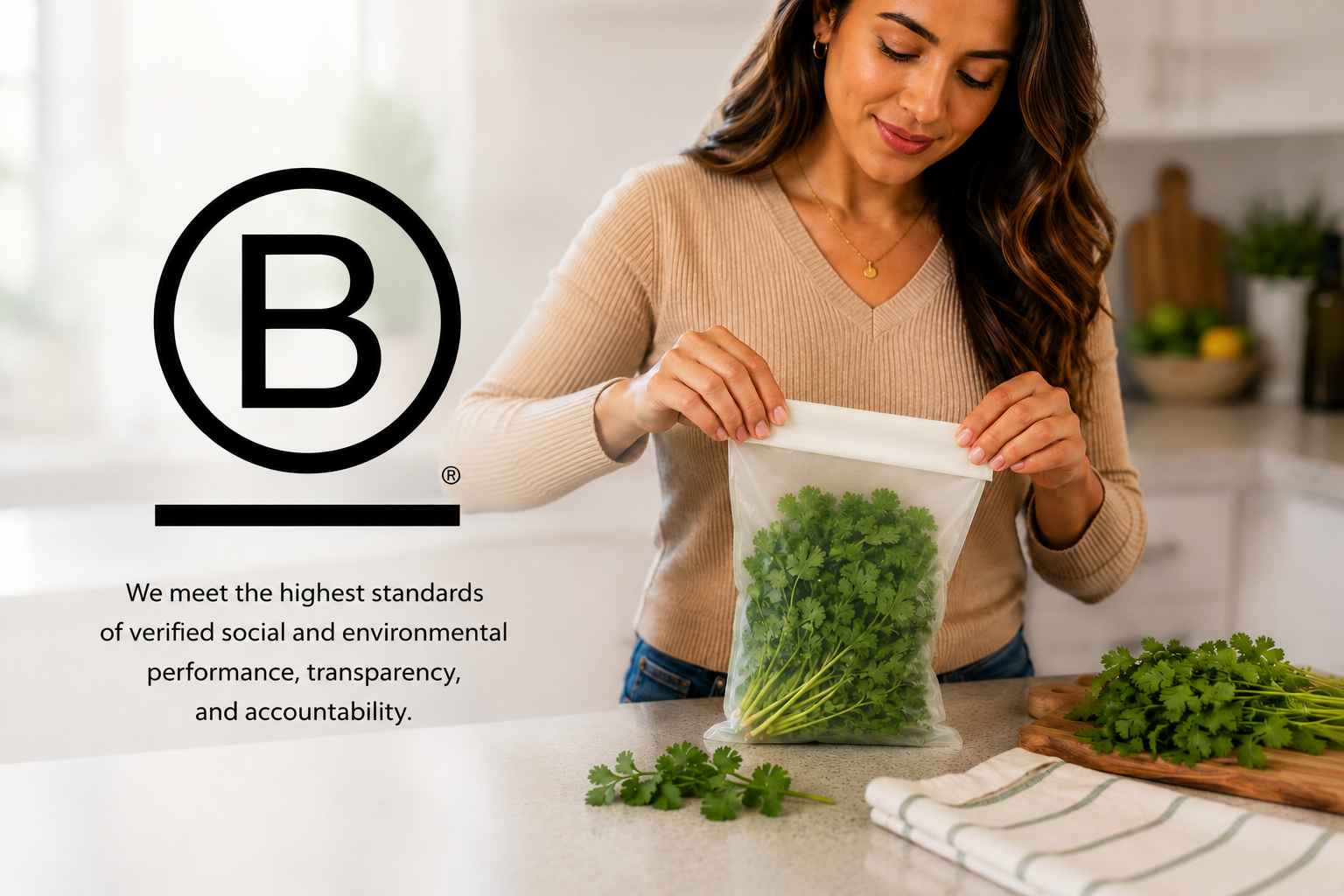Image of Woman packaging greens in a kitchen with B Corp logo and certification text.