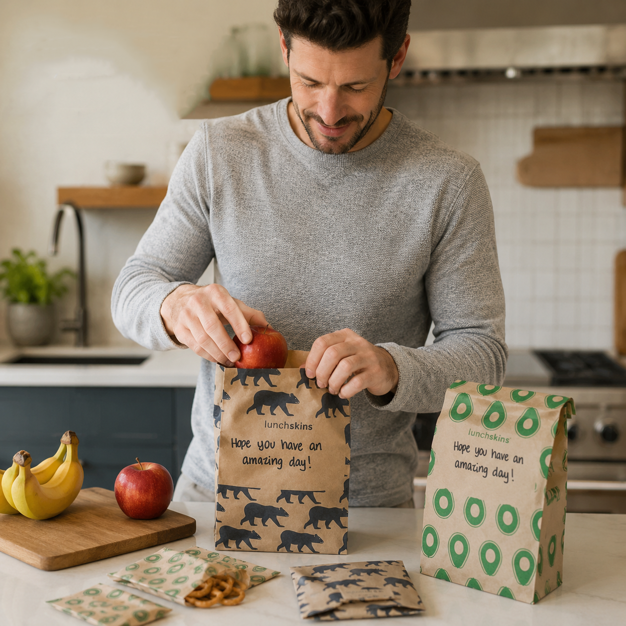 Image of Man in a kitchen with reusable bags and packaging