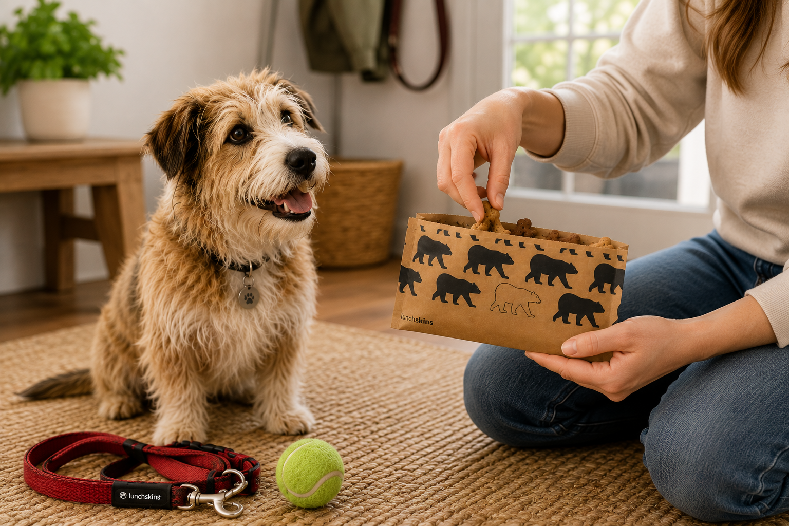 Image of Dog sitting on a carpeted floor with a person holding a treat bag, surrounded by dog toys and a leash.