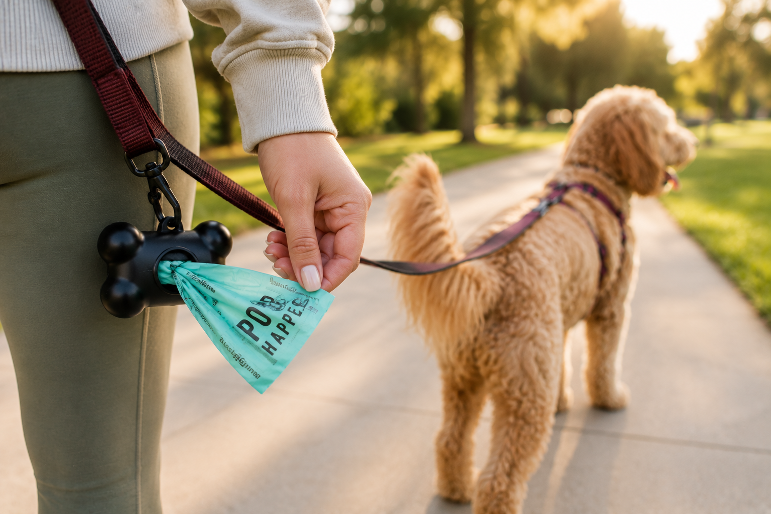 Image of Person holding a dog waste bag with a dog on a leash in a park