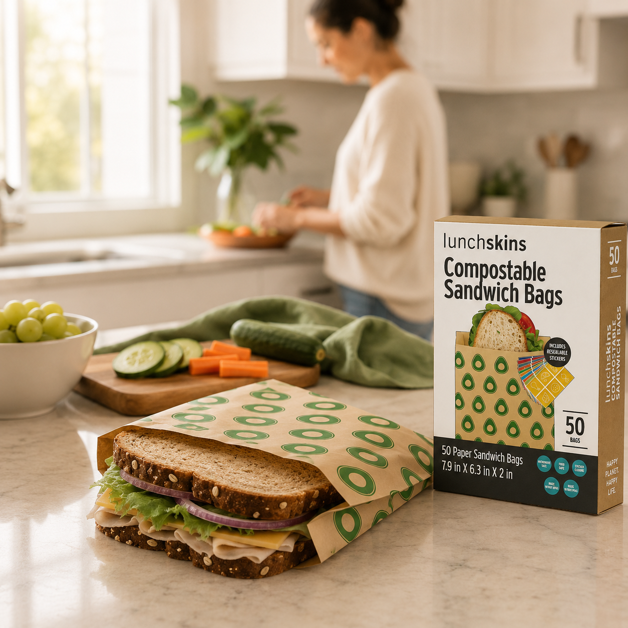 Image of Lunchskins compostable sandwich bags on a kitchen counter with a person preparing food in the background.