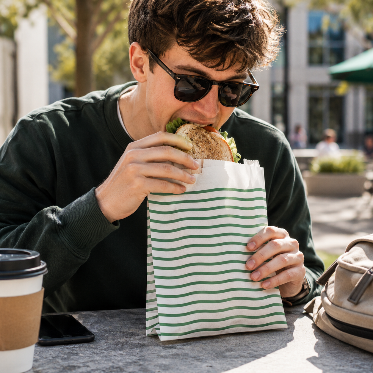 Image of Man eating a sandwich from a striped paper bag outdoors