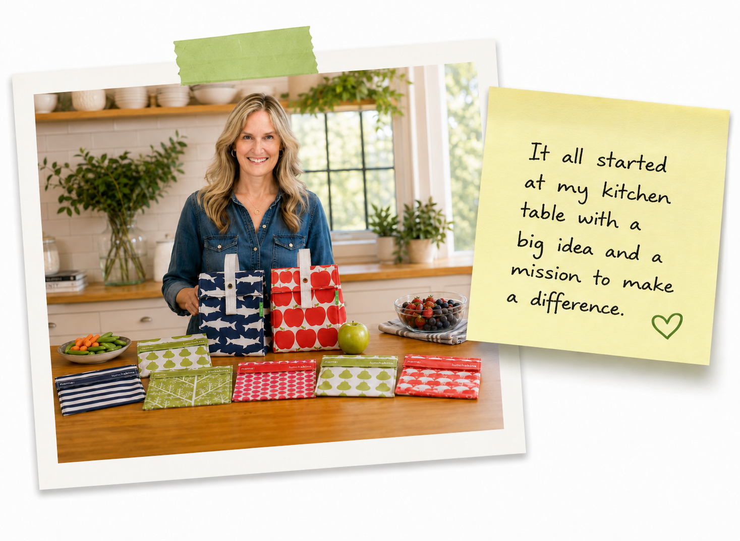 Image of Woman in a kitchen with colorful fabric products and a sticky note with text.