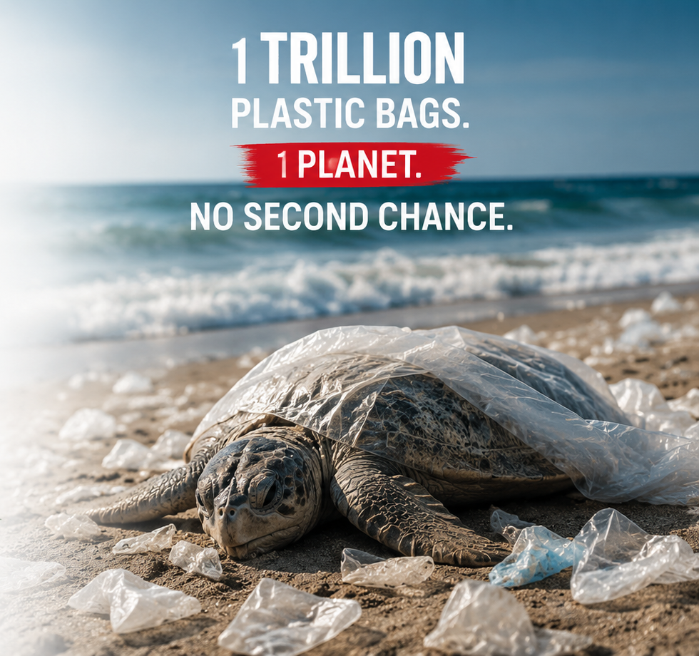 Image of Turtle on a beach with plastic bags, text about plastic pollution, and ocean in the background
